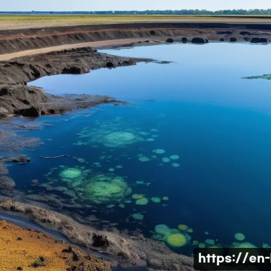 생명공학과 환경 문제 - A detailed scene of a modern bioremediation site near a coastal area where diverse bacteria colonies...