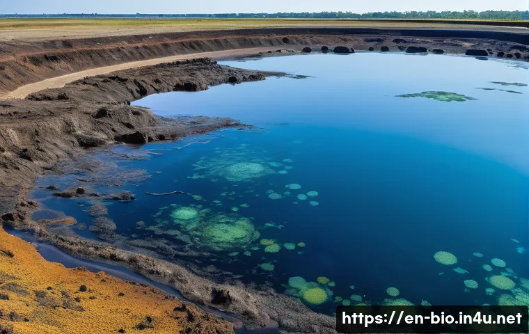생명공학과 환경 문제 - A detailed scene of a modern bioremediation site near a coastal area where diverse bacteria colonies...