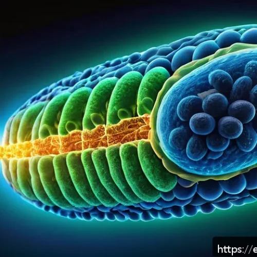 미토콘드리아 대사 - A highly detailed scientific illustration of a human cell’s mitochondrion, glowing with vibrant blue...