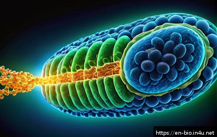 미토콘드리아 대사 - A highly detailed scientific illustration of a human cell’s mitochondrion, glowing with vibrant blue...