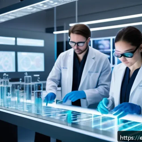 유전체 편집 윤리 - A futuristic laboratory scene showcasing diverse scientists collaborating on genome editing using ad...