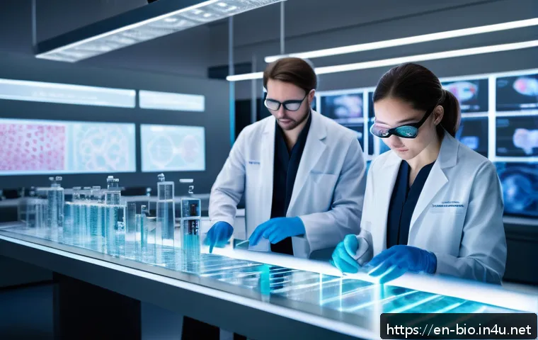 유전체 편집 윤리 - A futuristic laboratory scene showcasing diverse scientists collaborating on genome editing using ad...