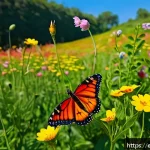 곤충 생태학 - A vibrant meadow scene during daytime showcasing a diverse group of pollinators actively visiting fl...