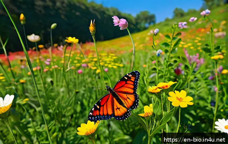 곤충 생태학 - A vibrant meadow scene during daytime showcasing a diverse group of pollinators actively visiting fl...
