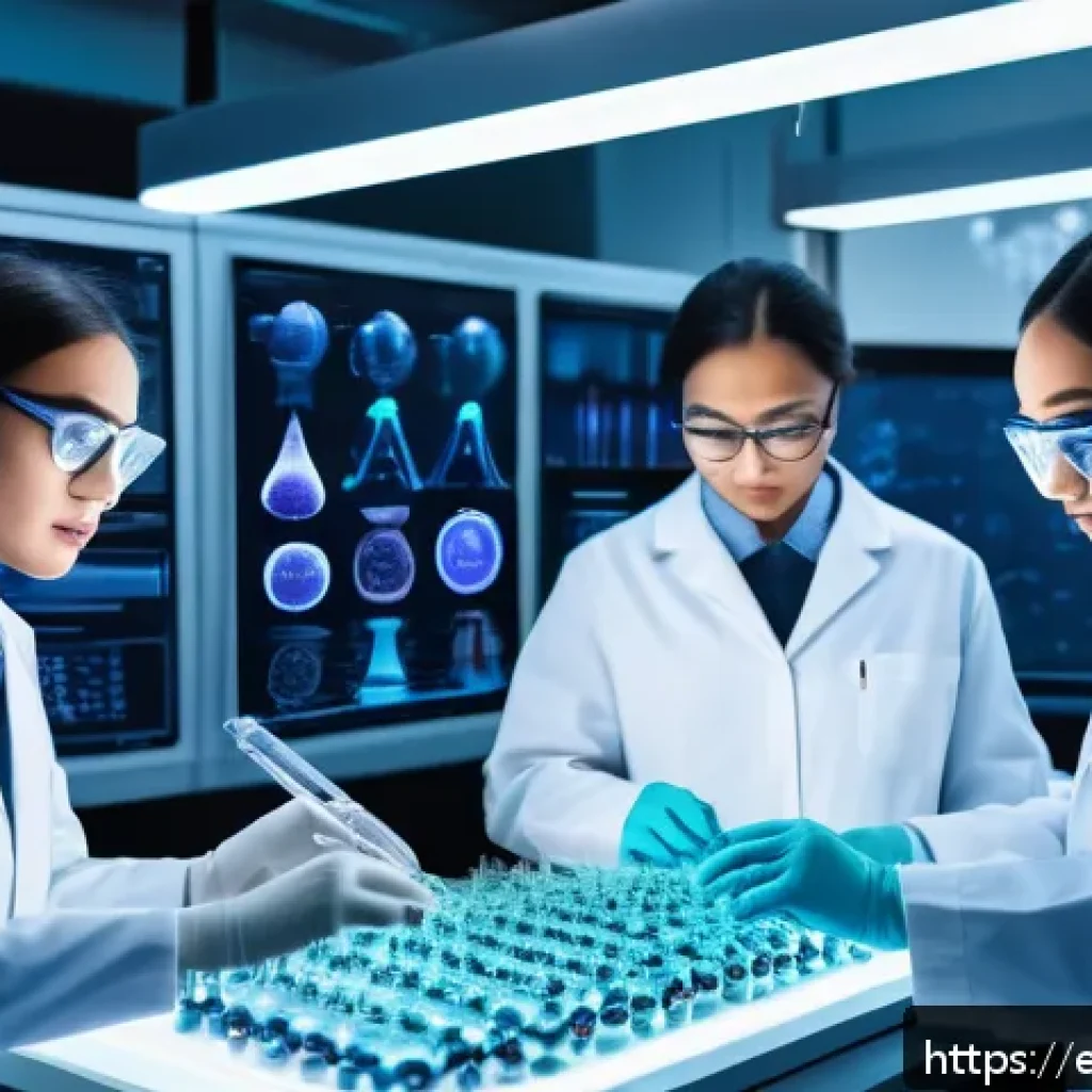 분자 생물학 - A futuristic molecular biology laboratory scene featuring diverse scientists wearing lab coats and s...