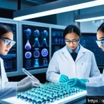 분자 생물학 - A futuristic molecular biology laboratory scene featuring diverse scientists wearing lab coats and s...