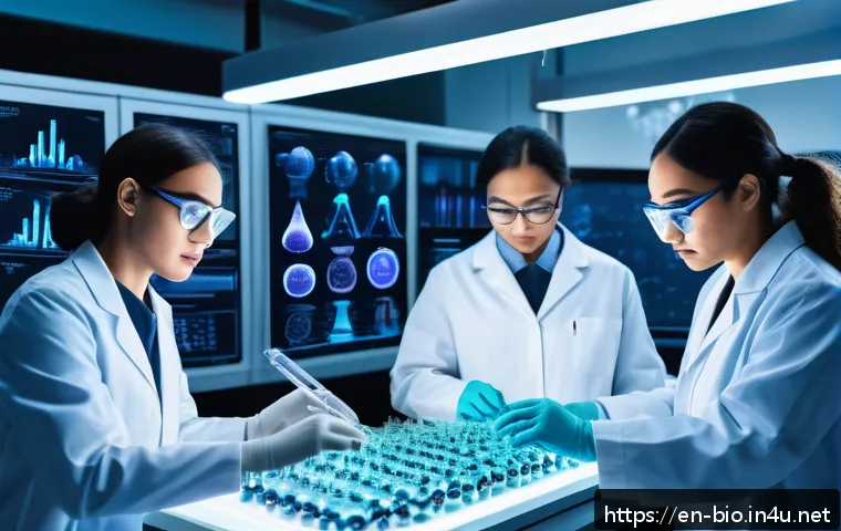 분자 생물학 - A futuristic molecular biology laboratory scene featuring diverse scientists wearing lab coats and s...