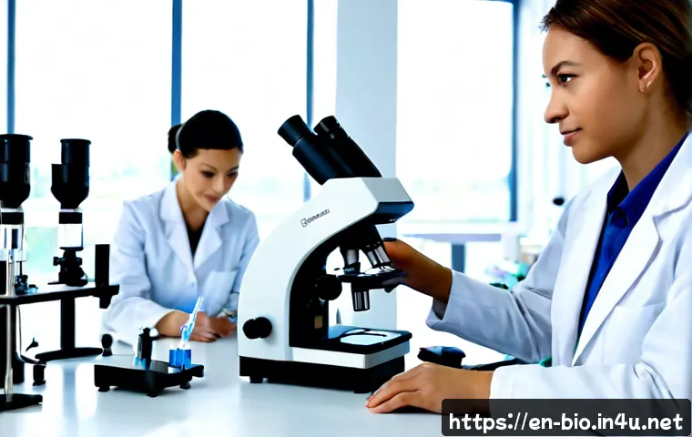 항체 치료제 개발 - Photorealistic biomedical laboratory scene showing a diverse team of scientists developing an antibo...