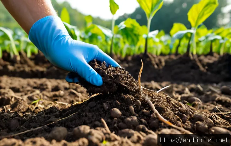Home 17 토양 미생물과 농업 - Photorealistic close-up of healthy dark loam in a North American vegetable farm, a farmer’s gloved h...