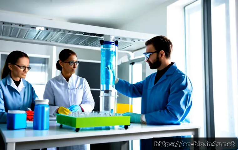 Home 17 조직공학 기술 - Photorealistic biomedical engineering laboratory, diverse adult scientists in clean lab coats and sa...