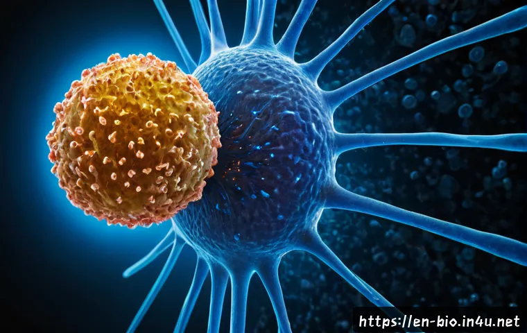 면역항암제 작용 기전 - Photorealistic biomedical visualization of a healthy human T cell recognizing and attaching to a sin...
